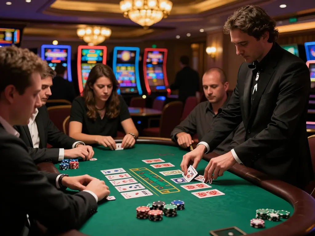 Players engaging in a strategic game of blackjack at F8BET's elegant casino floor.