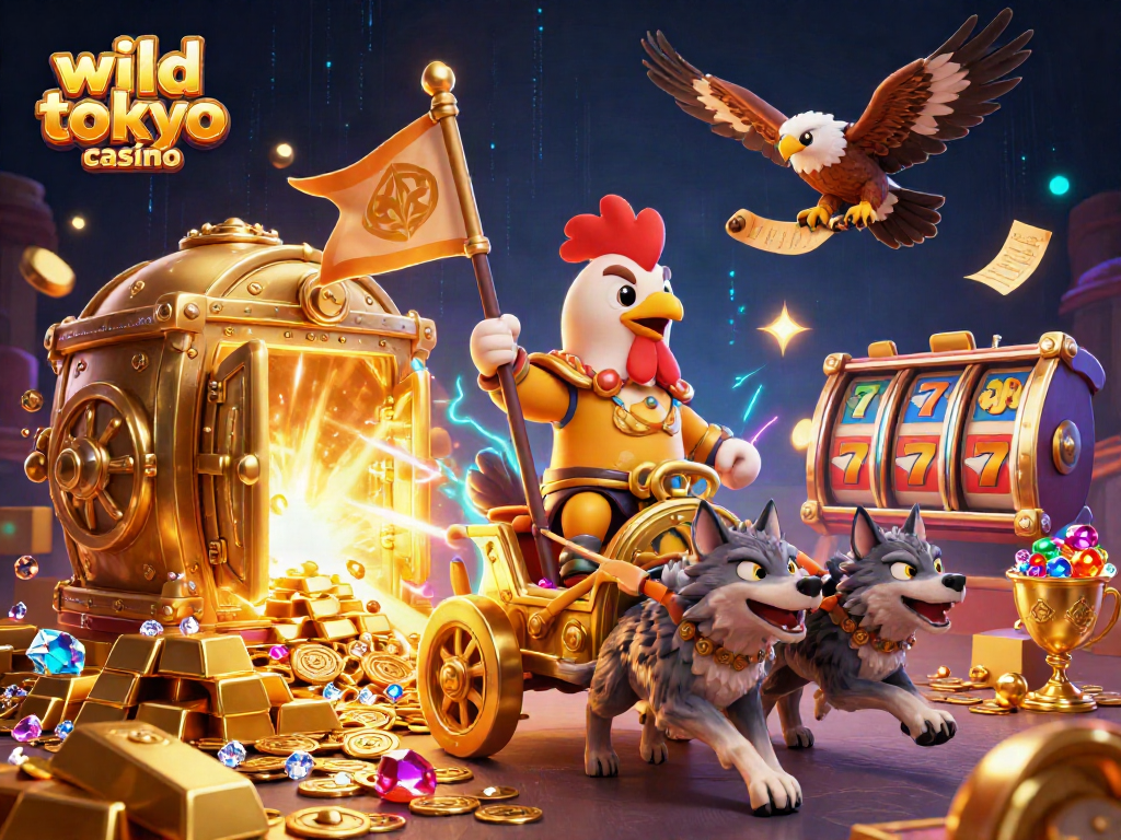 Experience excitement at wild tokyo casino with a dynamic 3D illustration of treasure and slot machines.