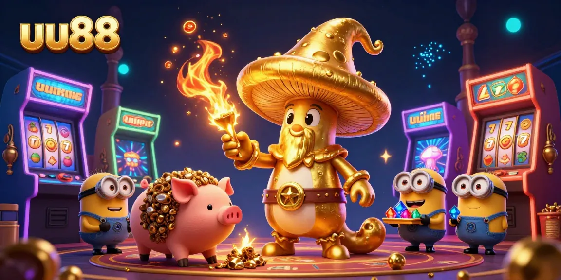 Engage with uu88's vibrant online gaming scene, showcasing a magical wizard, treasure, and energetic casino action.