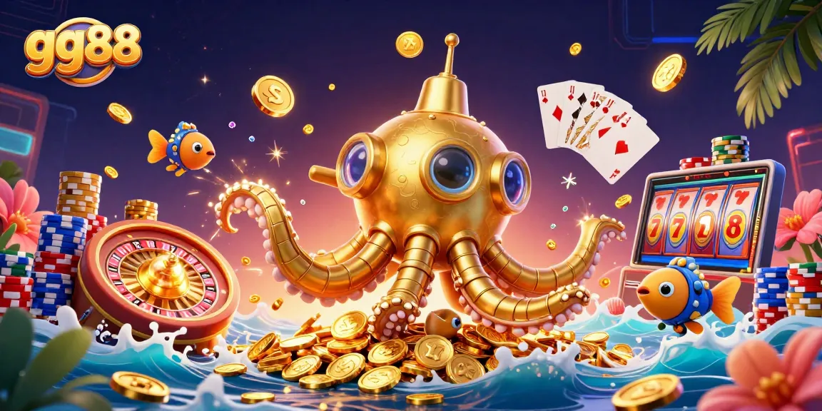Play exciting games at gg88 with dynamic casino elements showcasing slot reels and rich golden coins.