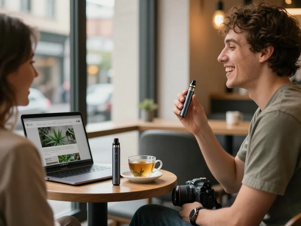 Godendo di una penna vape THC in un accogliente caffè, evidenziando l'esperienza di acquisire vape THC.