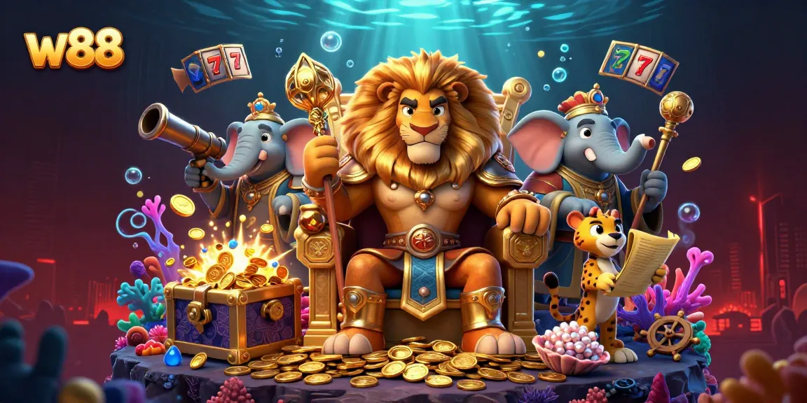 Experience exciting gameplay and winning at w88 with this vibrant 3D casino illustration featuring engaging characters and elements.