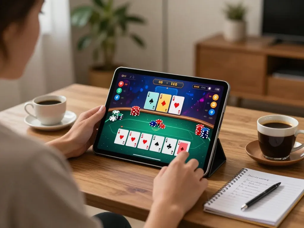 Engaging online gambling experience with nhà cái 555win, showcasing a cozy home gaming setup featuring a vibrant poker game interface.