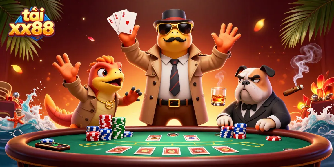 Experience the thrill of casino action with tải xx88 featuring three raptors in disguise at a poker table.