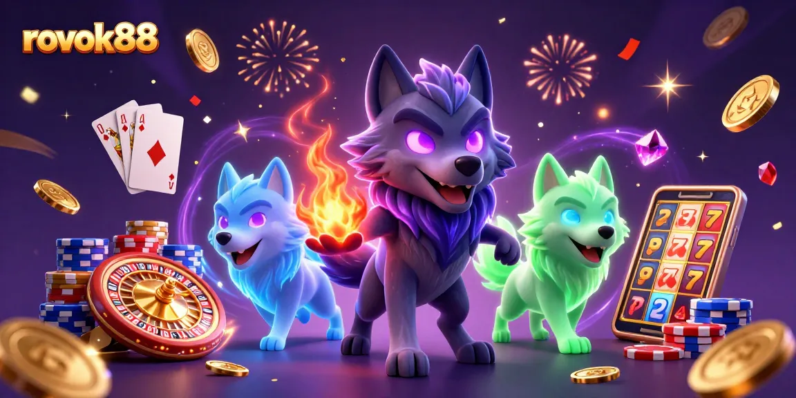 Experience the thrill of rokok88 with dynamic casino action featuring glowing wolf characters, chips, and cards.