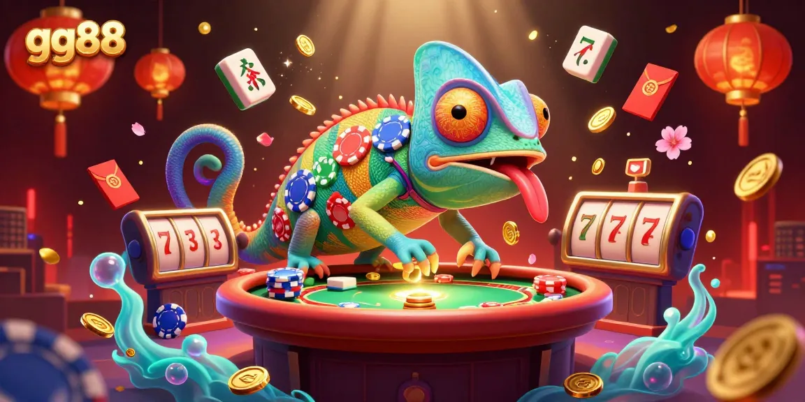 Witness the thrilling world of gg88 with a vibrant chameleon casino owner capturing gold coins in an exciting gaming scene.