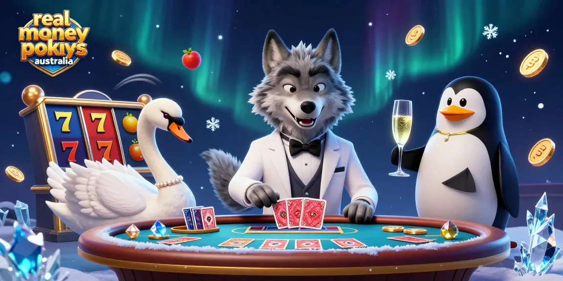 Play and win real money pokies Australia at an exciting, vibrant casino illustration.