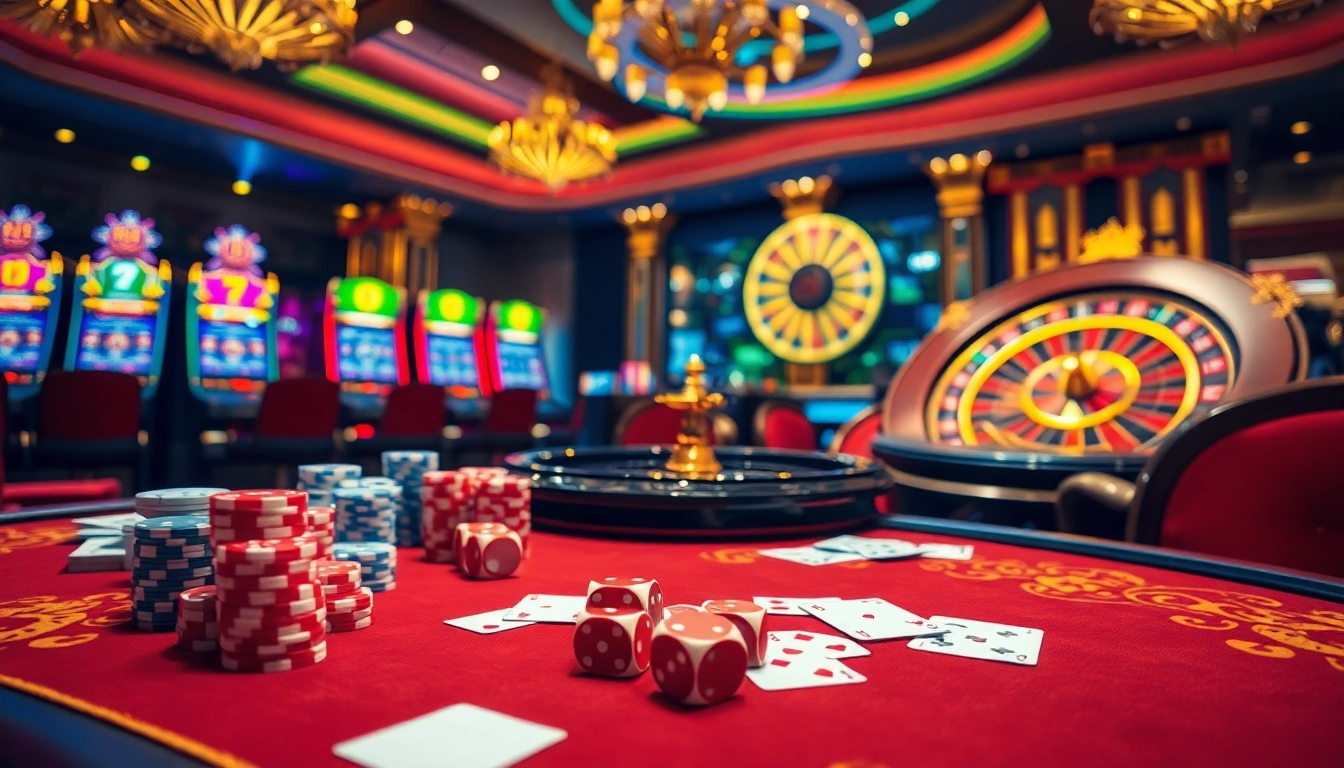 Experience high-stakes gaming at RR88, with a vibrant casino table filled with poker chips and cards.