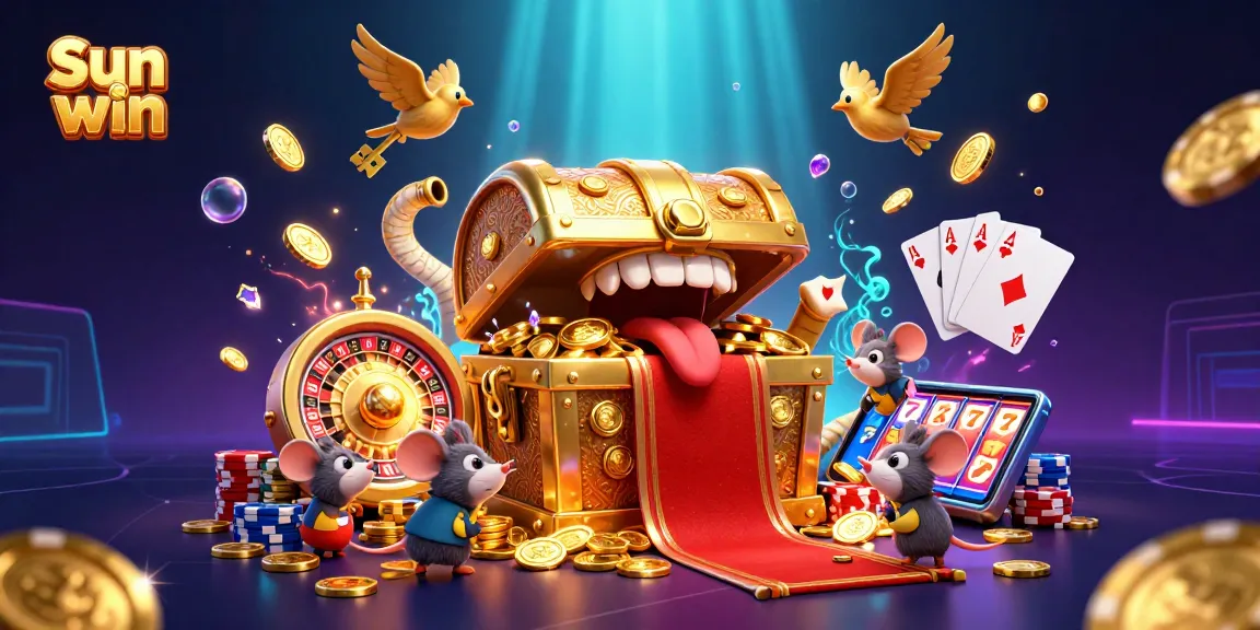 Experience the excitement of Sun win with a vibrant 3D casino scene featuring treasure chests, cartoon mice, and golden rewards.
