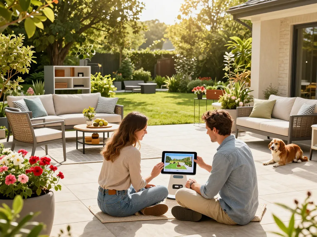 Couple using a configuratore 3D outdoor tool to design their ideal outdoor space.