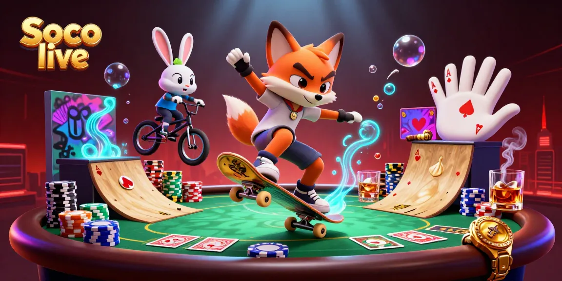Soco live showcases vibrant scenes with fox skateboarders and colorful casino elements for a fun gambling experience.