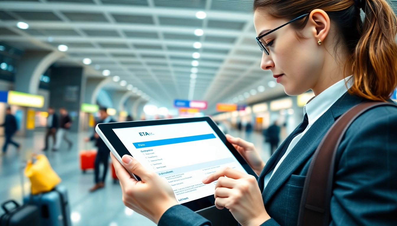Fill out the eta application uk form digitally at an airport.