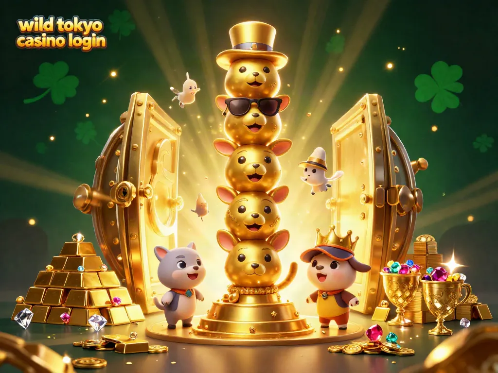 Access wild tokyo casino login easily with a fun 3D cartoon illustration showcasing a vibrant casino atmosphere and treasure elements.