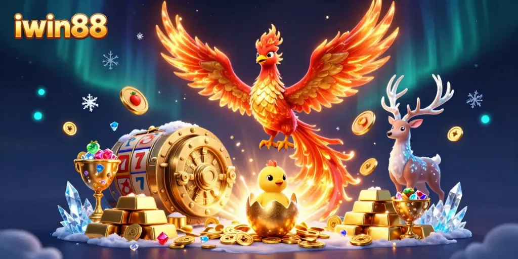Engage in extraordinary iwin88 gameplay as a fire phoenix soars above dynamic slot elements surrounded by treasures.