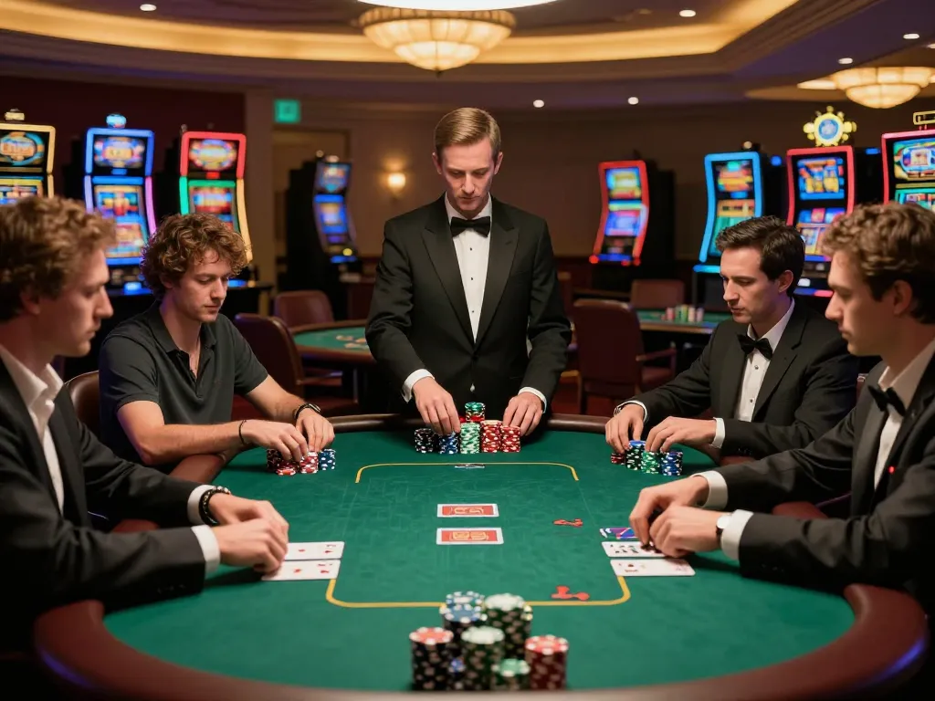 TG88 players engaged in a high-stakes poker game at a luxurious casino table with chips and cards.