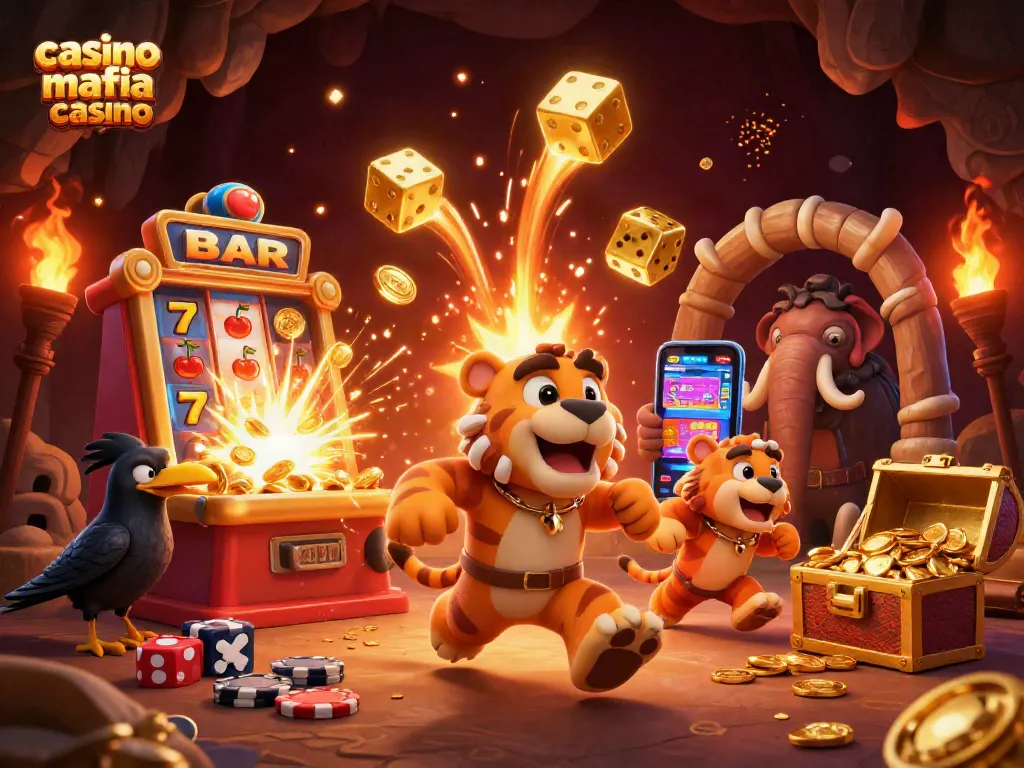 Experience the excitement of casino mafia casino with a unique caveman-themed 3D scene.