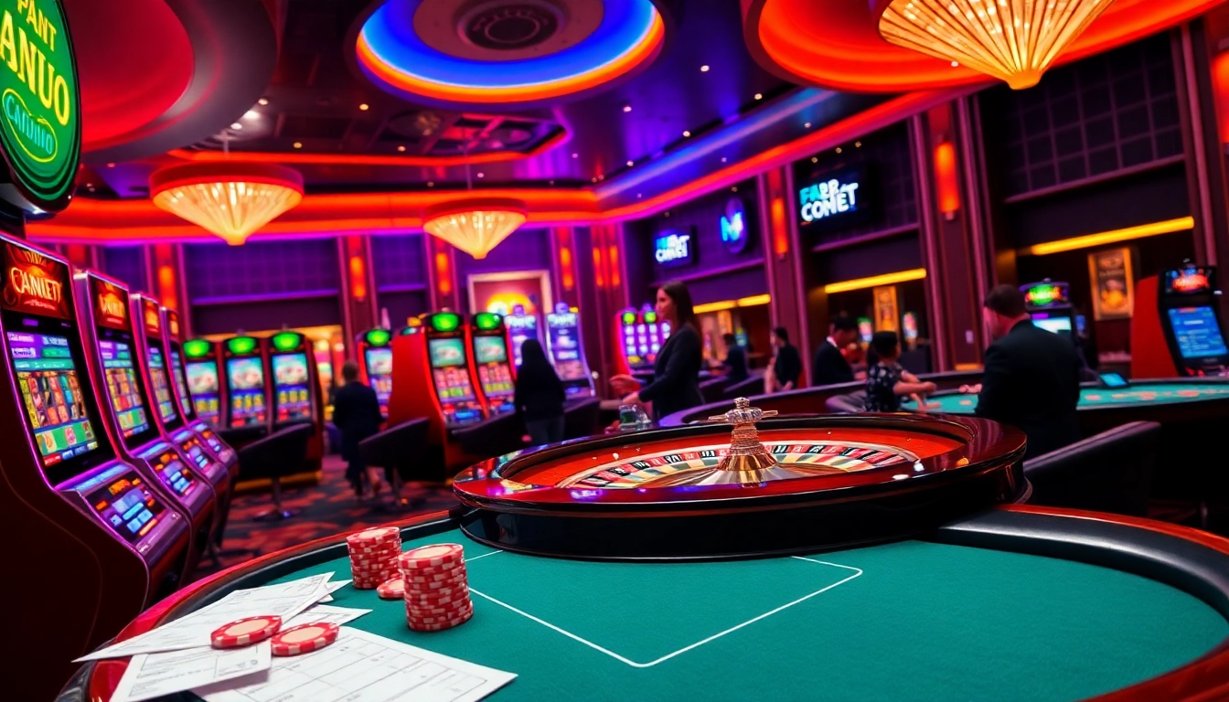 Engage with the thrilling world of F8BET COM's online casino, featuring vibrant slot machines and poker chips.