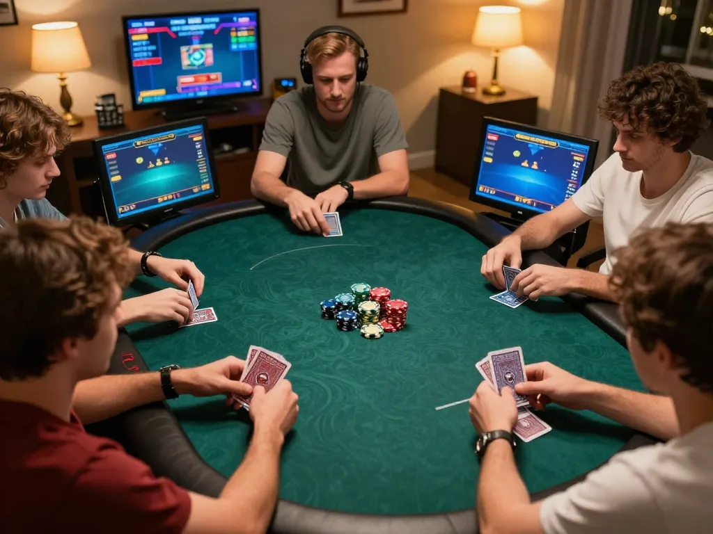 Tỷ lệ kèo trực tuyến showcased in an intense online poker game setup with players strategizing.