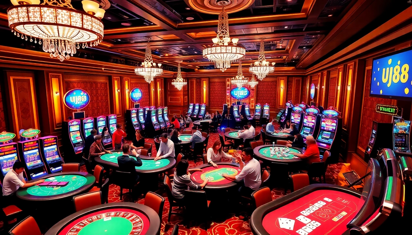 Experience thrilling gaming action at UU88's luxurious casino tables with vibrant players.