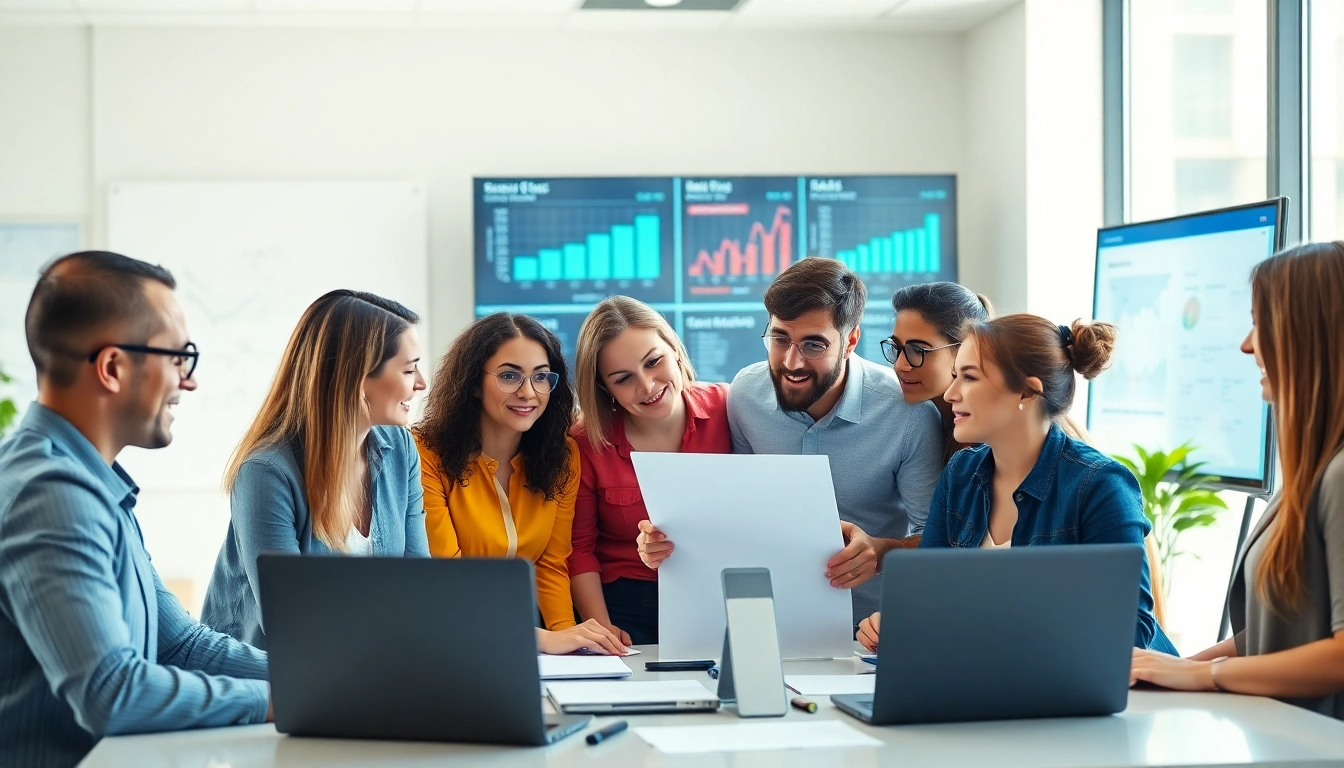 Engaged team collaborating on SaaS solutions in a modern office environment.