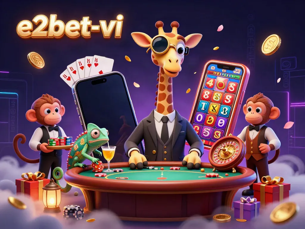 Vibrant scene of e2bet-vi with a giraffe in a suit, monkey valet, and chameleon bartender at a poker table with dynamic game elements.