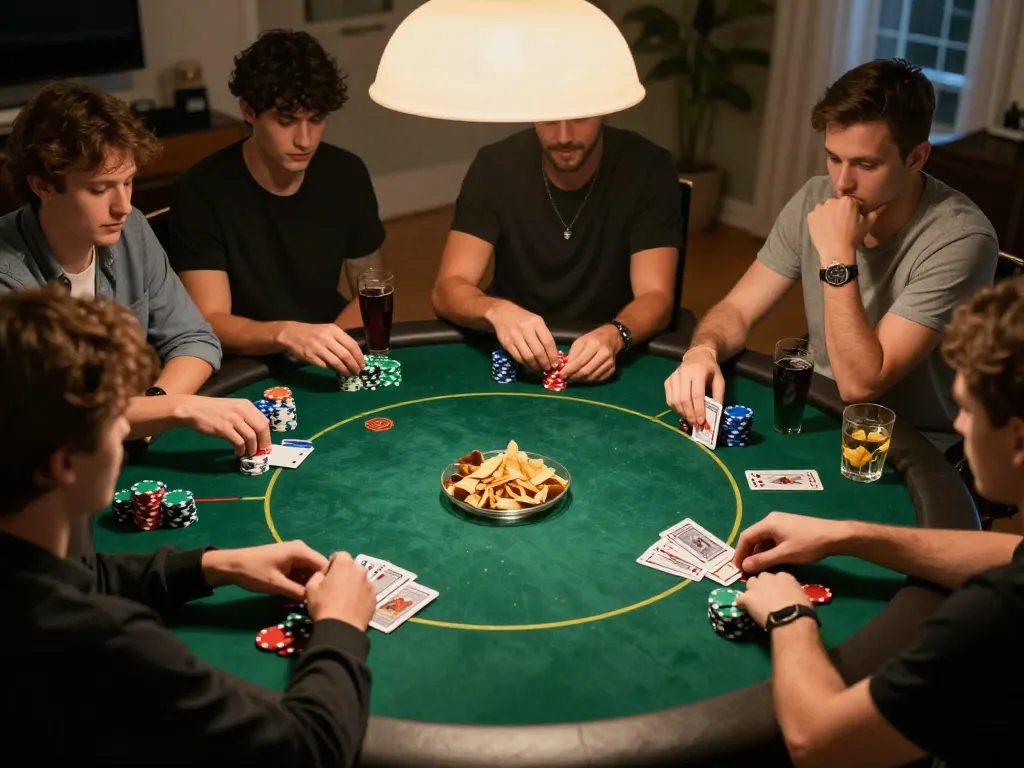 Players enjoying a vibrant poker game at home, showcasing cm88z strategies with chips and cards.
