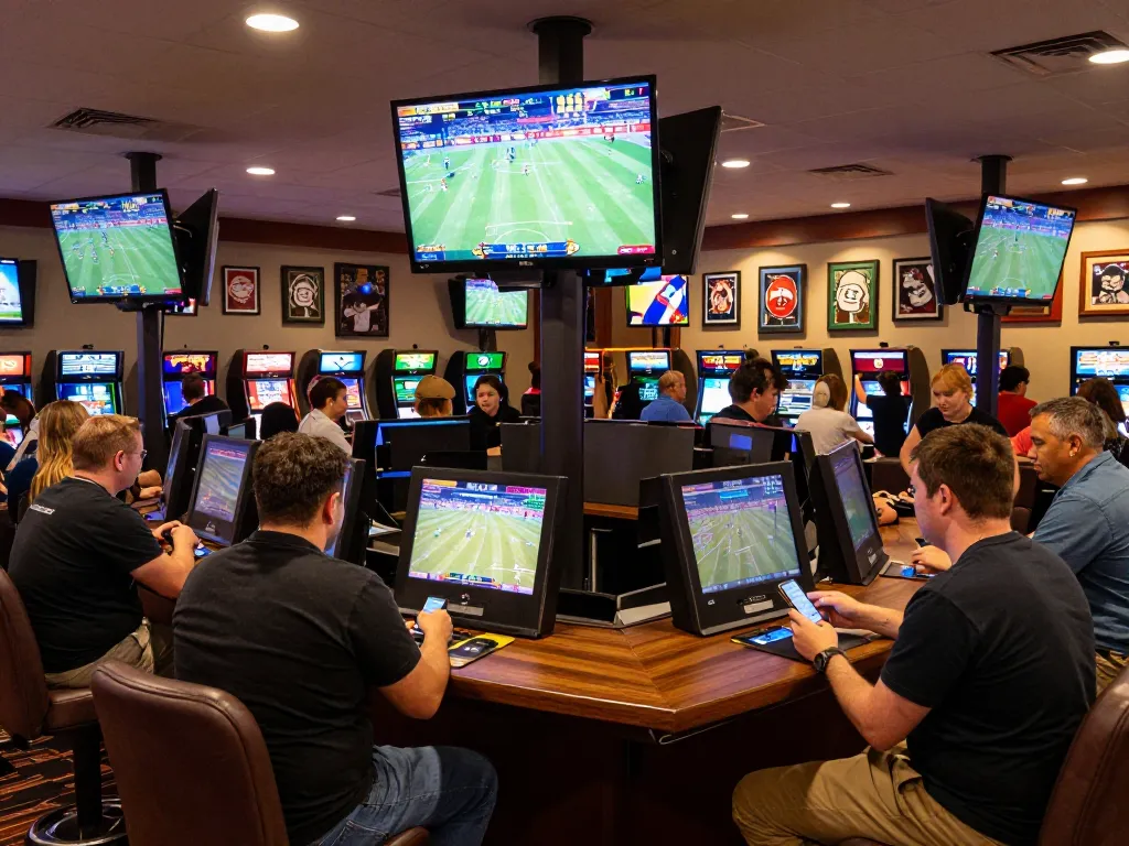 33winn sports bettors engaging in live betting action in a vibrant casino sportsbook.