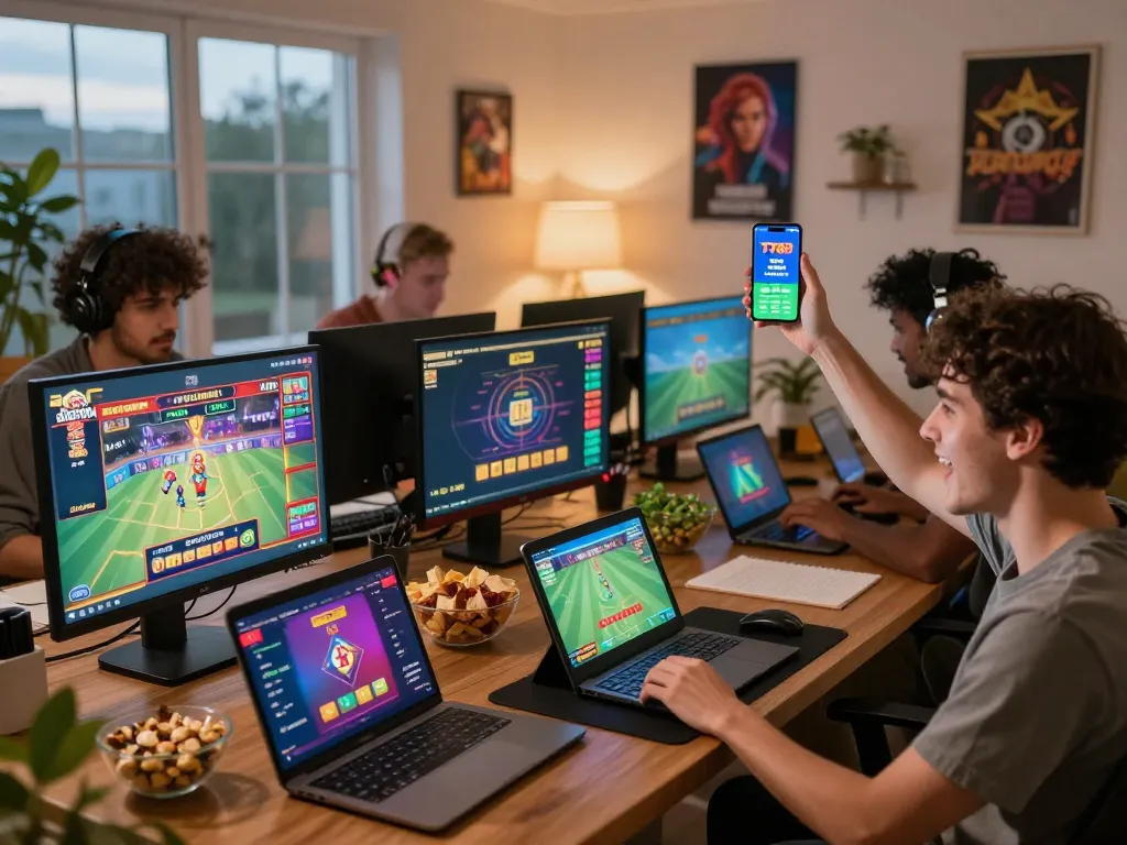 Diverse players enjoying gaming at home, showcasing https://tt888.de.com gaming excitement with laptops and mobile devices.