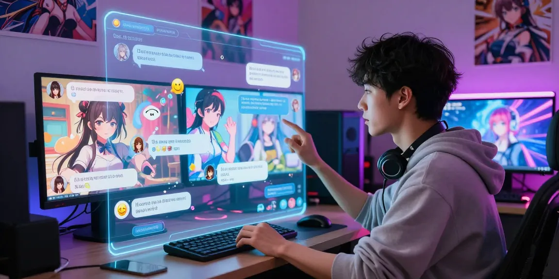 Engaging in lively ai hentai chat with vibrant anime characters in a cozy, high-tech setting.