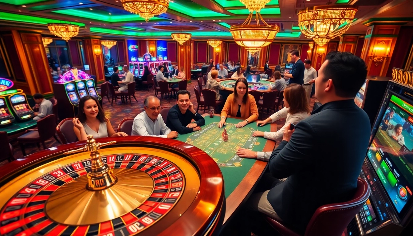 Players experiencing the thrill of high-stakes gaming at GG88 casino with vibrant tables and slot machines.